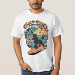 Camiseta Aventura de Surfe de Poodle Negra em Onda