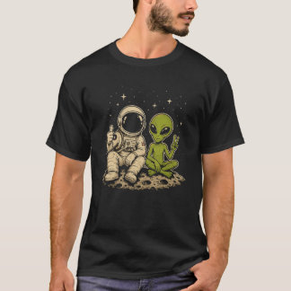 Camiseta Aventura Divertida do Astronauta e do Alien Amigáv