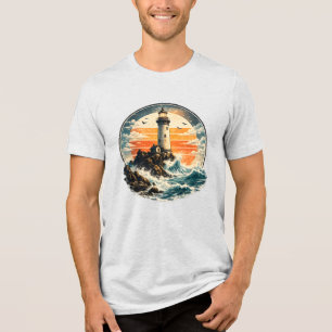 Camiseta Aventura do Farol Retro do Pôr do Sol Costeiro Oce