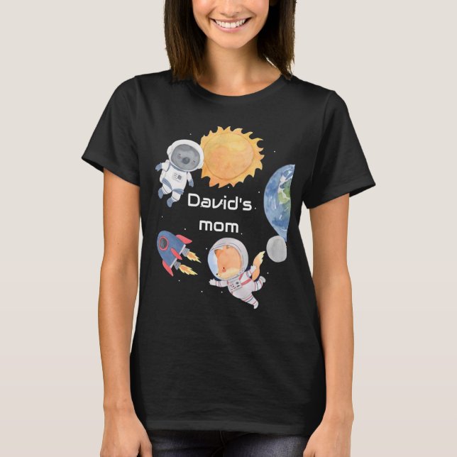 Camiseta Aventura Espacial:Planetas e Astronautas mães (Frente)