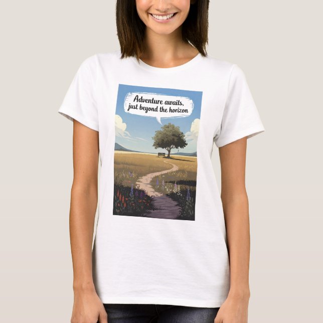 Camiseta Aventura espera, logo além do horizonte (Frente)