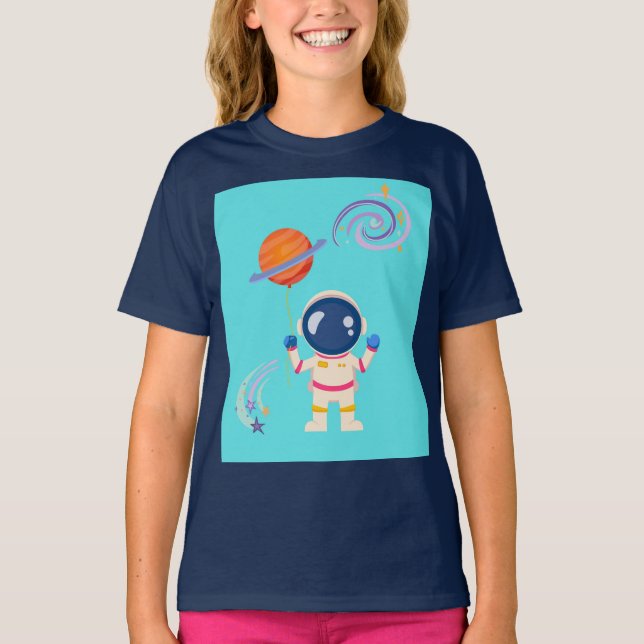 Camiseta Aventuras de desenho animado espacial. (Frente)