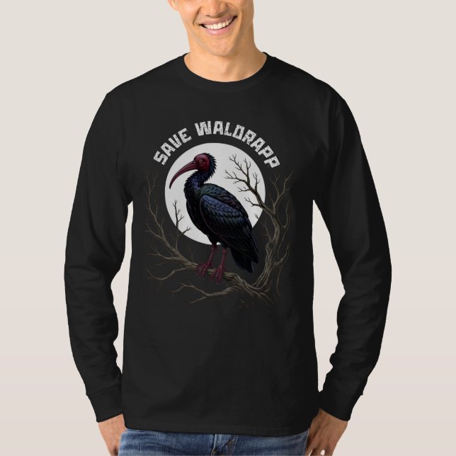Camiseta Aves ameaçadas: íbis-eremita ou íbis-preto (Frente)