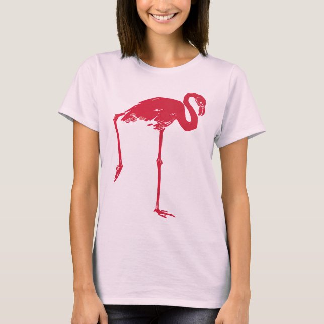 Camiseta Aves Antigas, um Flamingo Rosa com uma Perna Levan (Frente)