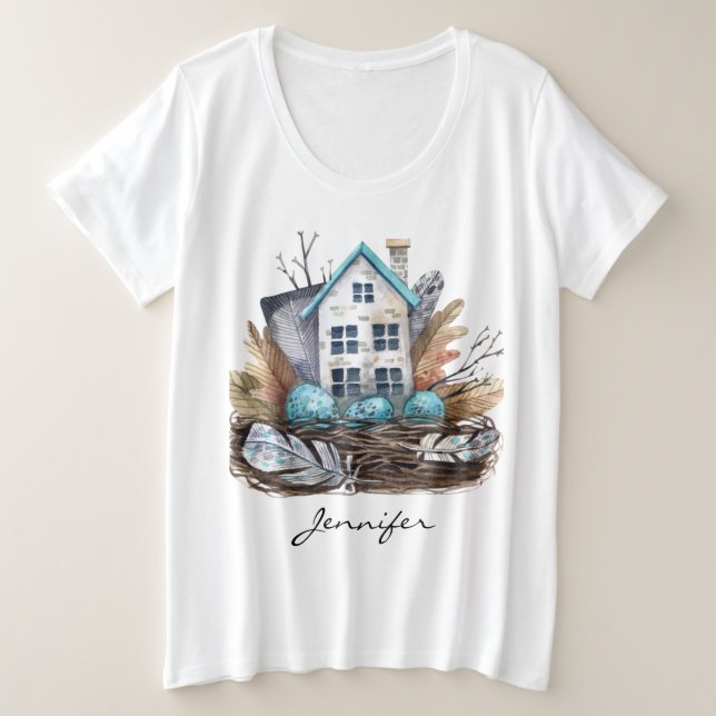 Camiseta Aves Aquáticas Whimsical Watercolor Nest Fairytall (Frente do Design)