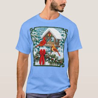 Camiseta Aves Cardinais e Alimentador de Aves de Natal