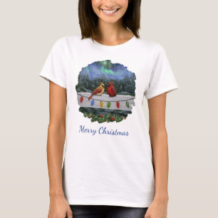 Camiseta Aves Cardinais e Luzes de Natal