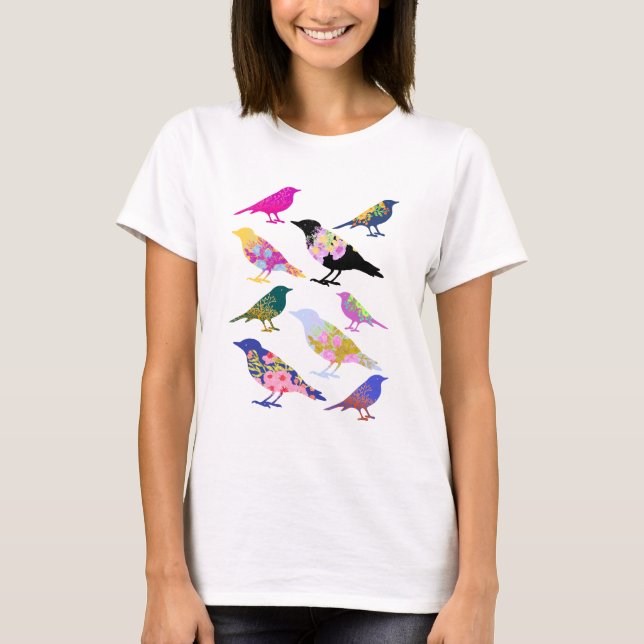 Camiseta Aves Coloridas Flores Deixam Animais Fleais Chic (Frente)