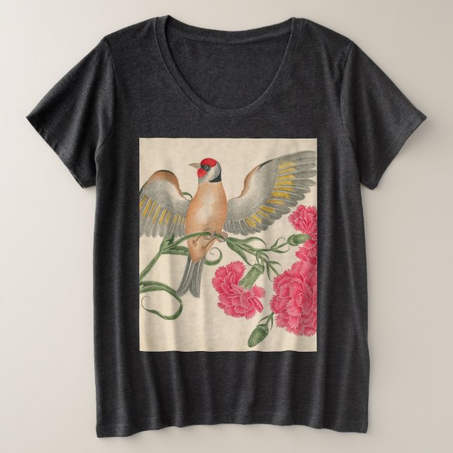 Camiseta Aves com cabeça vermelha, cravos e borboletas (Frente do Design)