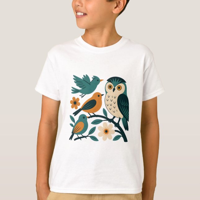 Camiseta Aves da Floresta Whimsical - Coruja e Canaviais Mo (Frente)