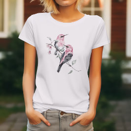 Camiseta Aves e Florais Rosa em Aquarela