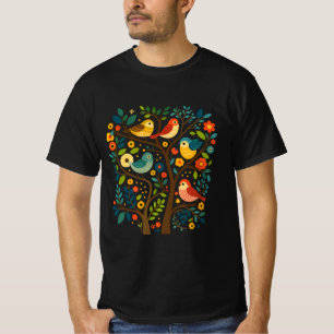 Camiseta Aves e Flores Arte Folclórica Escandinava