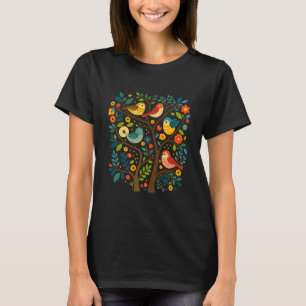 Camiseta Aves e Flores Arte Folclórica Escandinava