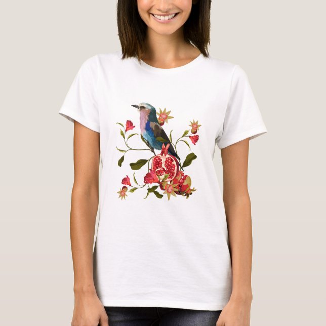 Camiseta Aves exóticas, flores, romã. (Frente)
