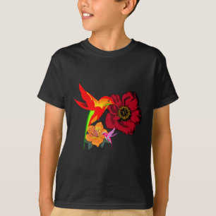 Camiseta Aves Hummingbird Alimentando-se de Flores Arte Grá