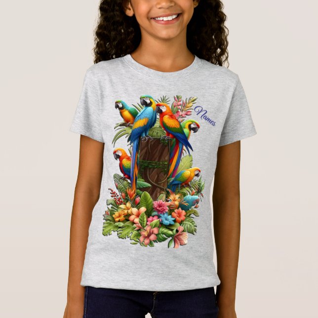 Camiseta Aves Tropicais Coloridas e Plantas Vibrantes (Frente)