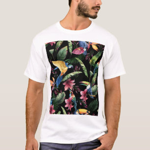 Camiseta Aves tropicais, flores: padrão de aquarela.