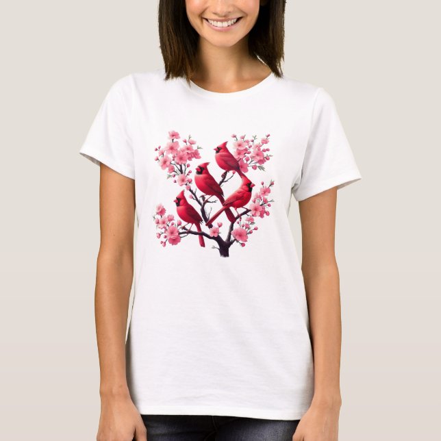 Camiseta Aves Vermelhas Cardinas, Pássaros de Árvores Rosa- (Frente)
