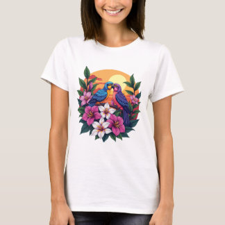 Camiseta Aves Vibrantes ao Sol com Flores Tropicais