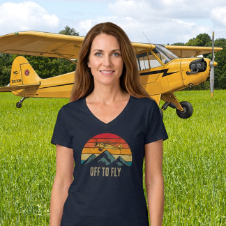 Camiseta Avião Antigo Pôr do Sol Retrô Montanhas Piloto Mãe