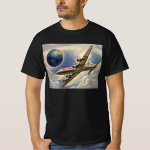 Camiseta Avião Antigo Voando ao Redor do Mundo entre Nuvens