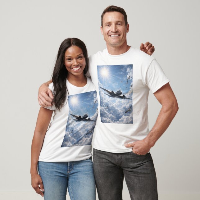 Camiseta Avião e Pássaros em Harmonia Sob o Sol (Unissex)