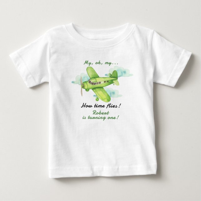 Camiseta Avião Meu Tempo Voa Viagem Primeiro Aniversário (Frente)