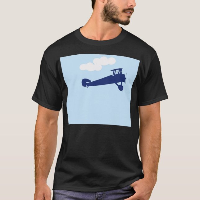 Camiseta Avião no fundo azul pastel liso (Frente)