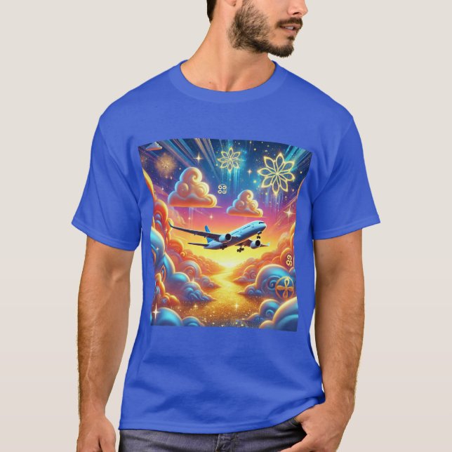 Camiseta Avião Voando Através de Céu Colorido (Frente)