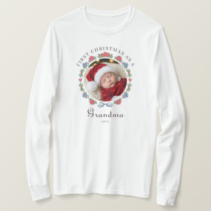 Camiseta Avó de Natal Azul Vermelho Nórdico Foto 1º Natal