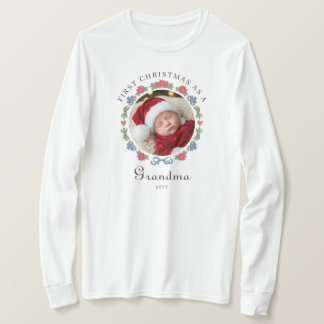 Camiseta Avó de Natal Azul Vermelho Nórdico Foto 1º Natal