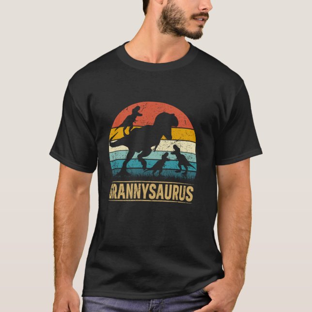 Camiseta Avó Dinossaur T Rex Grannysaurus 3 crianças Engraç (Frente)
