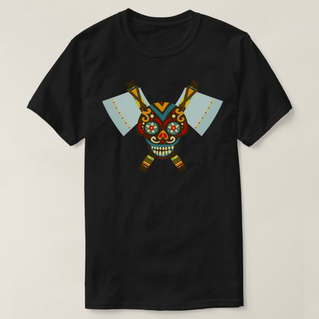 Camiseta Ax duplo do crânio tribal (Frente do Design)