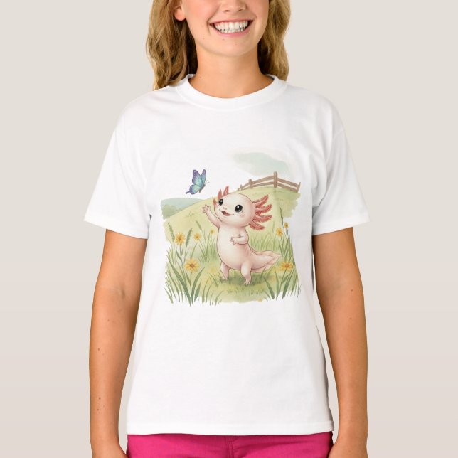Camiseta Axolote Bebê Capturando uma Borboleta (Frente)