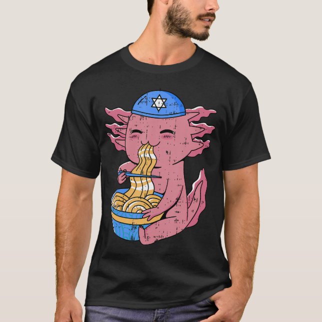 Camiseta Axolote Comendo Ramen Hanukkah Estrela de Davi Cha (Frente)