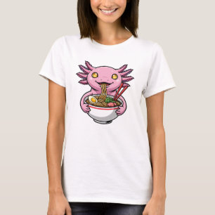 Camiseta Axolote Rosa Fofo Comendo Macarrão Ramen Cartoon
