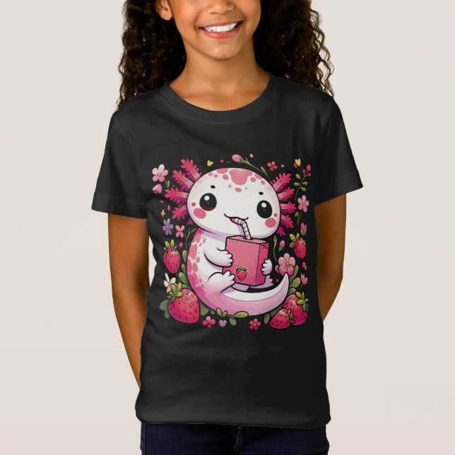 Camiseta Axolotl Bebendo Japonês Leite de Morango (Frente)