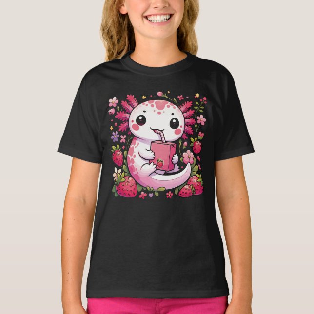 Camiseta Axolotl Bebendo Japonês Leite de Morango (Frente)