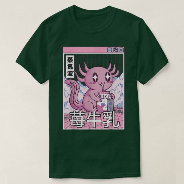 Camiseta Axolotl Bebendo Morango Leite Japão Otaku Anime (Frente do Design)
