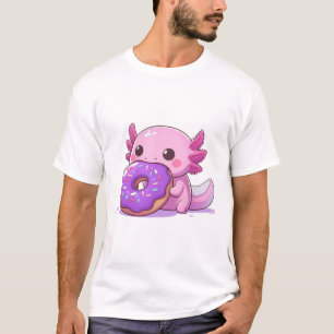 Camiseta Axolotl come rosquinhas roxas.
