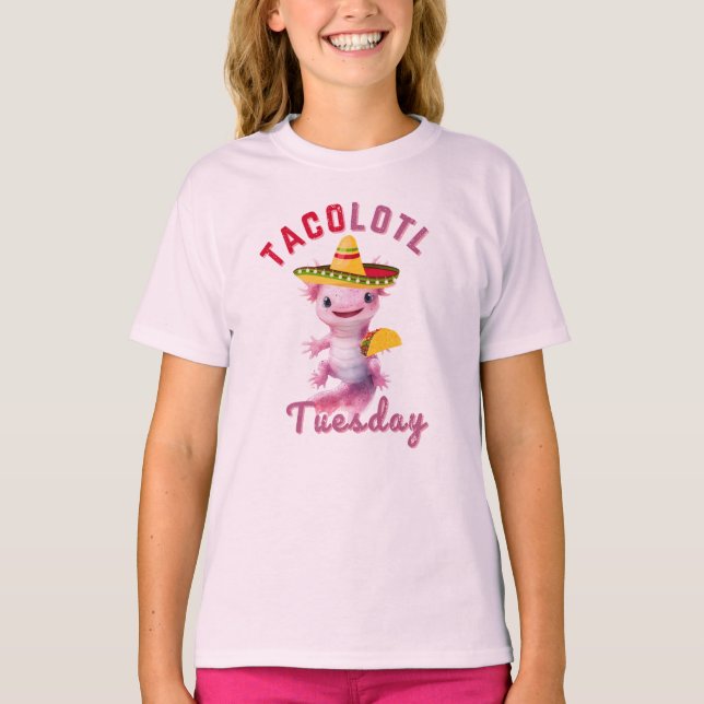 Camiseta Axolotl Cute Taco Terça-feira Eixo Rosa Mexicano (Frente)