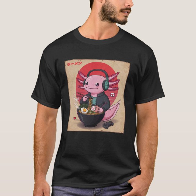 Camiseta Axolotl Eating Japanese Ramen Gamer Noodles Kawaii (Frente)