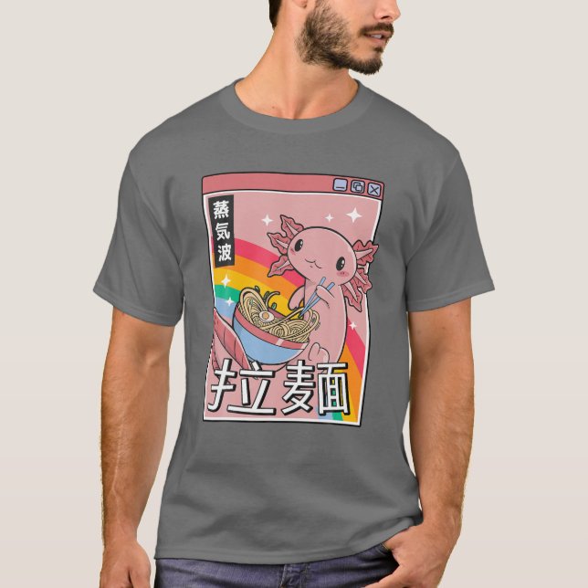 Camiseta Axolotl Eating Ramen Japão Estilo 80S Otaku Vaporw (Frente)