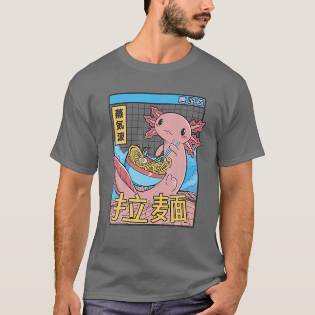 Camiseta Axolotl Eating Ramen Japão Estilo 80S Otaku Vaporw (Frente)