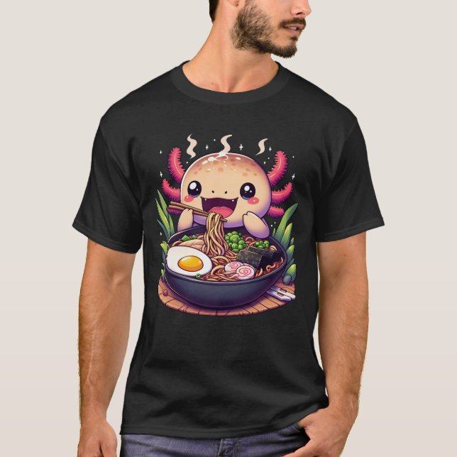 Camiseta Axolotl Eating Ramen Japonês Noodles Cute Comida L (Frente)