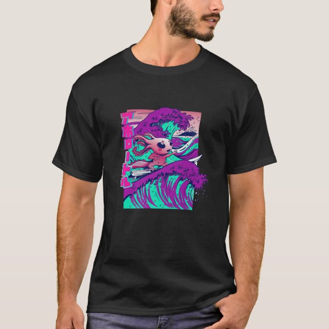 Camiseta Axolotl, Engraçado Engraçado, Axolotl, Ondas Kanji (Frente)