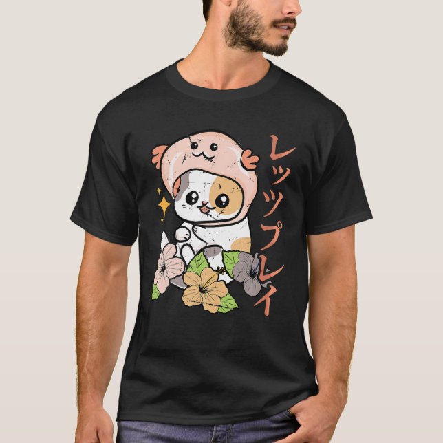 Camiseta Axolotl - Gato de Anime Kawaii - Flores no Japão (Frente)