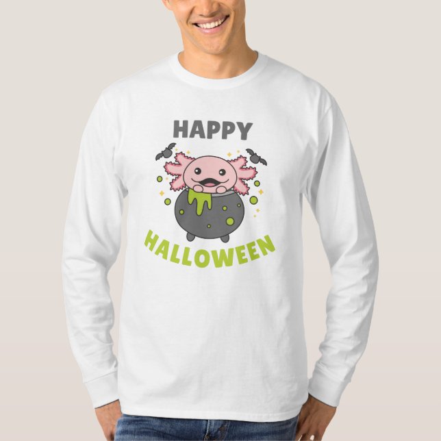 Camiseta Axolotl Happy Halloween Cauldron Bat (Frente)