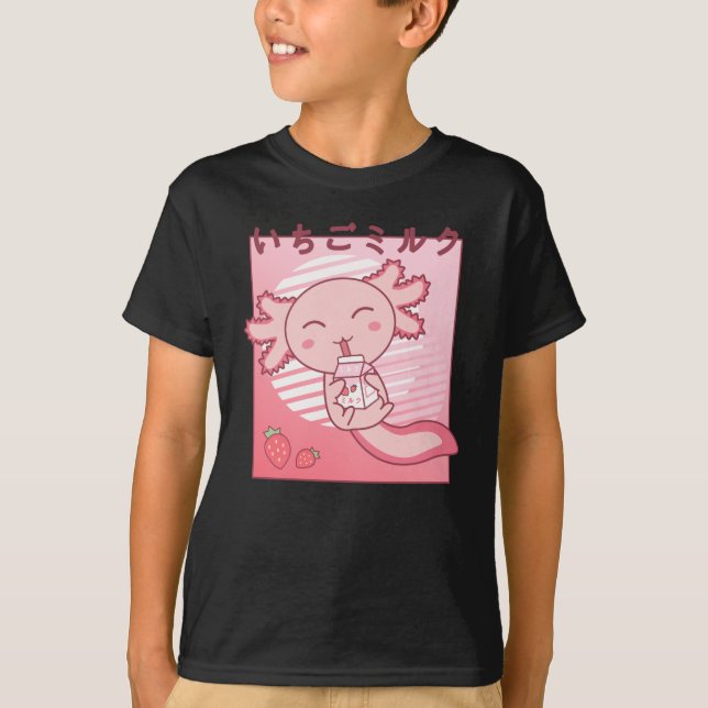 Camiseta Axolotl Strawberry Milk Retro Kawaii Japão Axolotl (Frente)