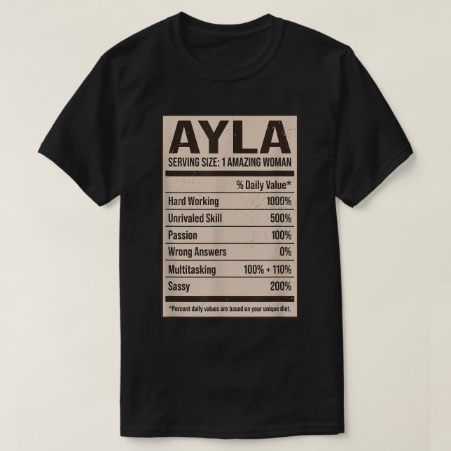 Camiseta Ayla Nutrition Facts Name Nickname Alias Title Fri (Frente do Design)
